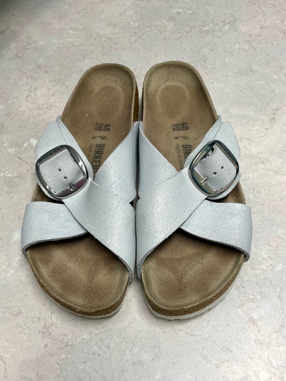 Birkenstock Suede Cross Strap White Silver Sandal Size 9 / 40 EU